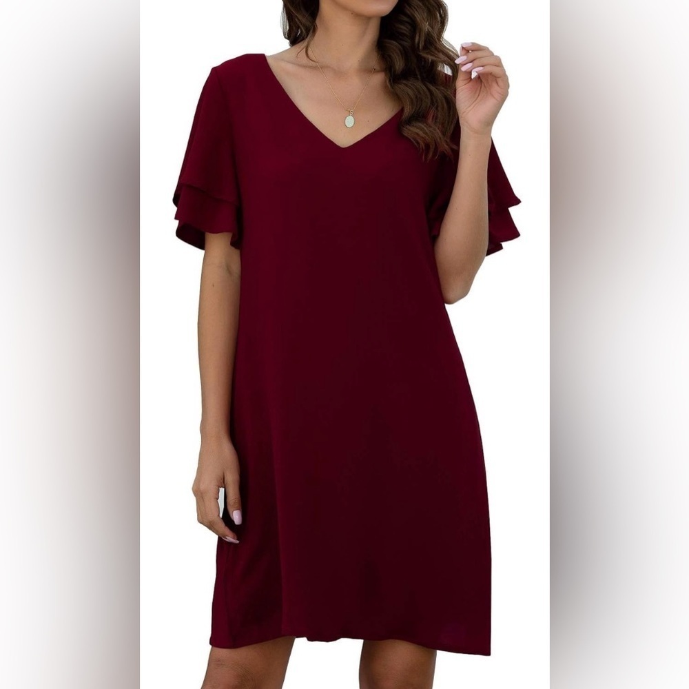 Women's Summer Casual Loose Mini Dress, L (12), Wine Red